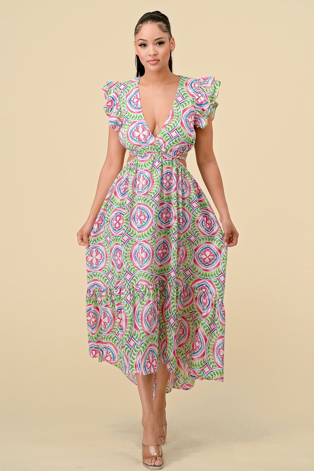 V Neck Waist Cutout Printed Midi Dress