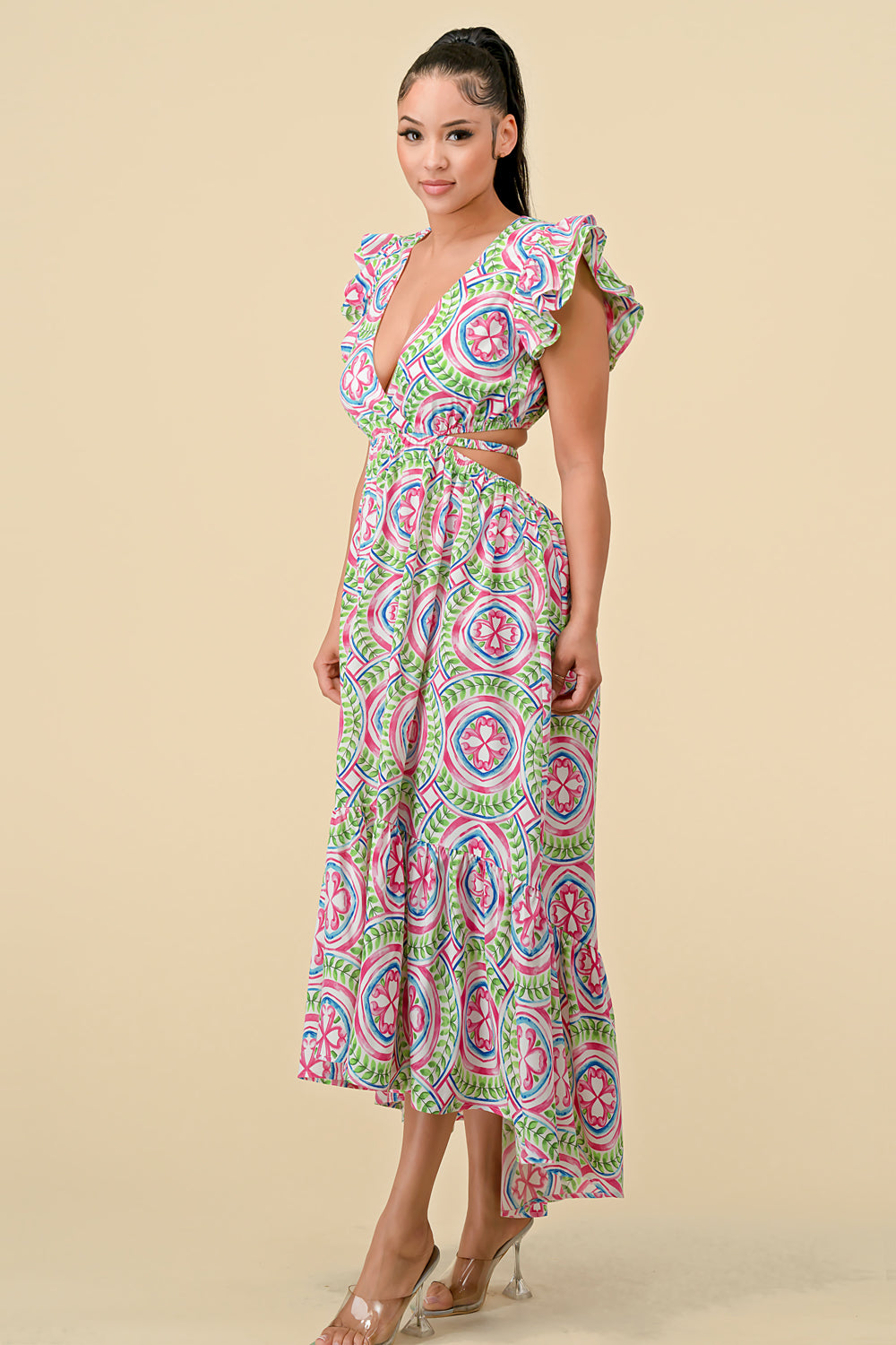 V Neck Waist Cutout Printed Midi Dress