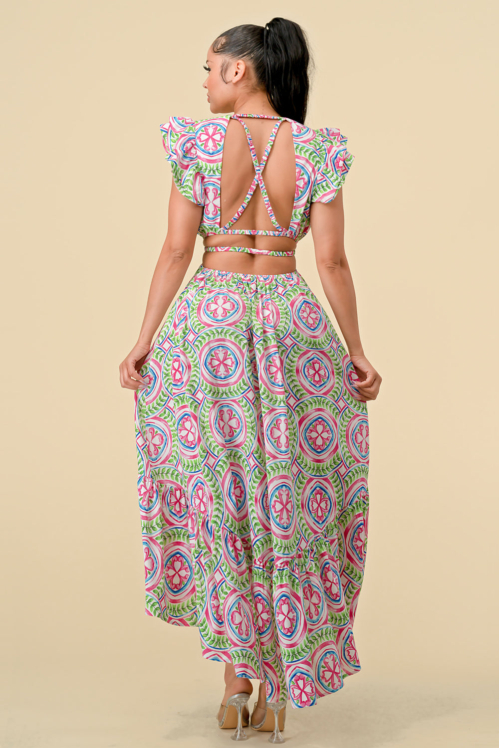 V Neck Waist Cutout Printed Midi Dress