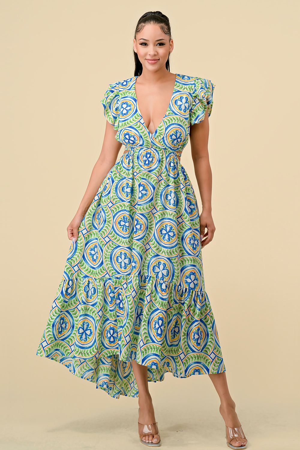 V Neck Waist Cutout Printed Midi Dress