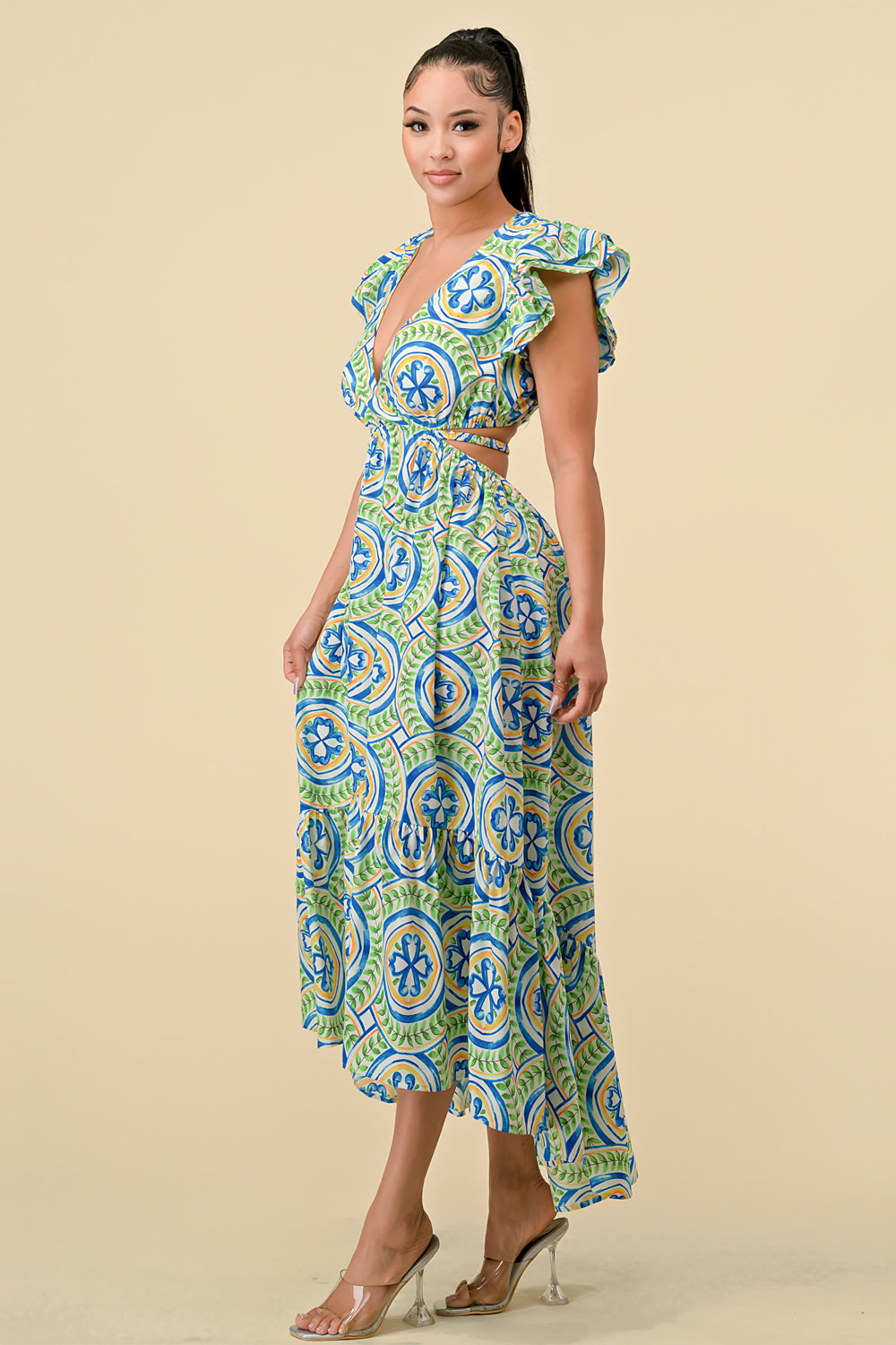 V Neck Waist Cutout Printed Midi Dress