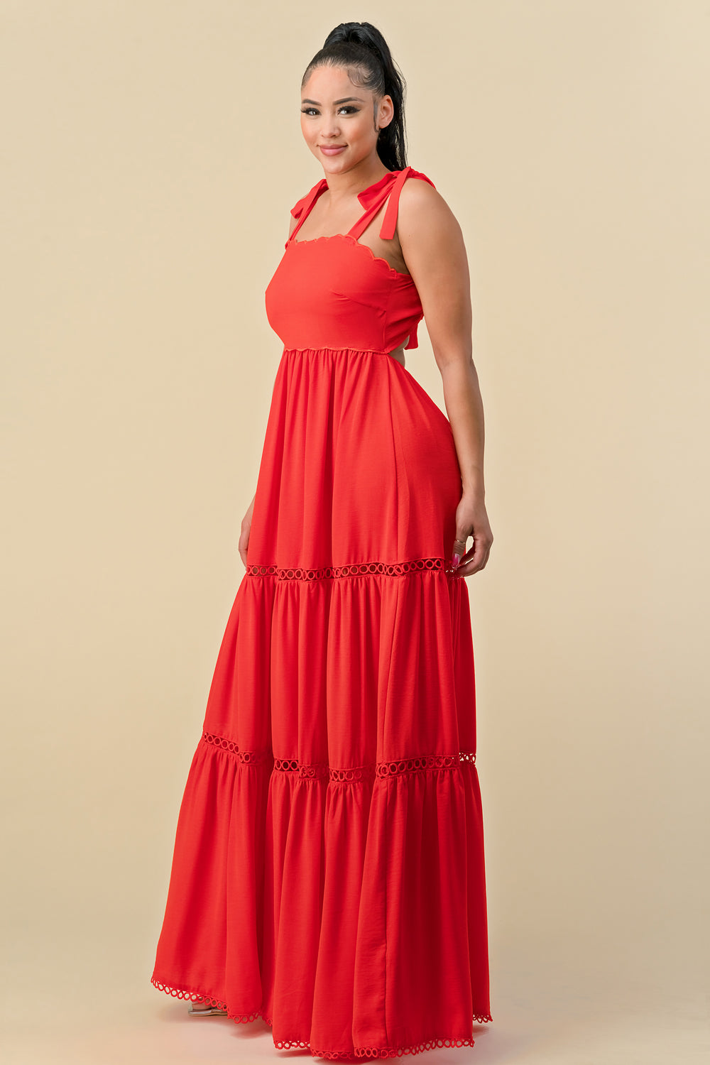 Tomato Red Long Shoulder Tie Scallop Maxi Dress