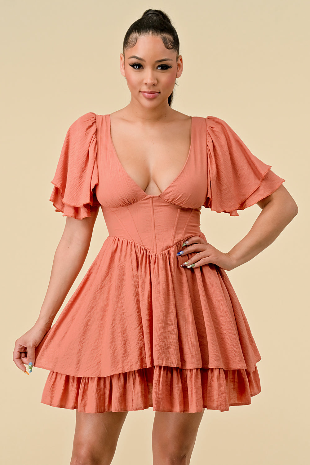 Short Ruffle Sleeve V Neck Mini Dress