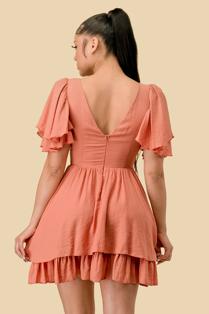 Cocktail Dresses Short Ruffle Sleeve V Neck Mini Dress Burnt Orange