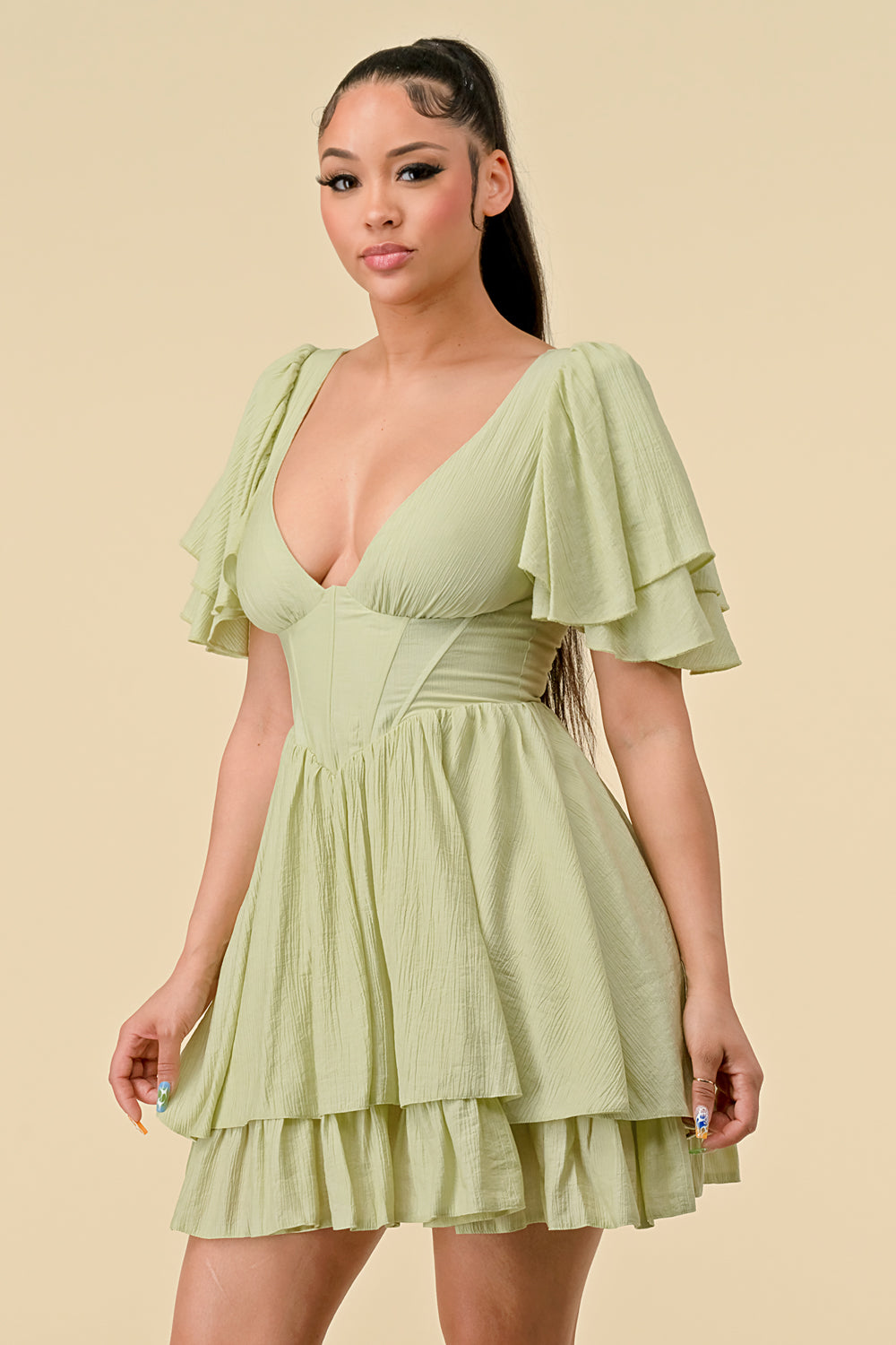 Short Ruffle Sleeve V Neck Mini Dress