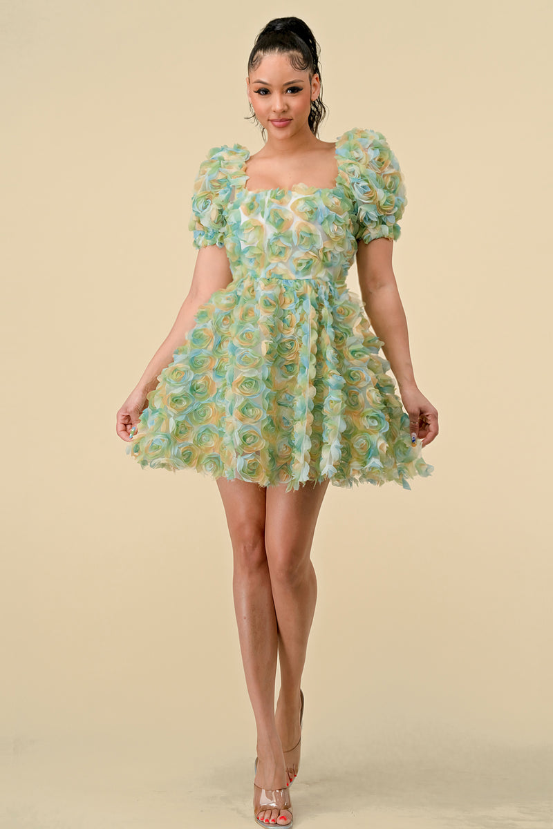 Cocktail Dresses Short Puff Sleeve Chiffon 3D Flower Mini Dress Green Combo