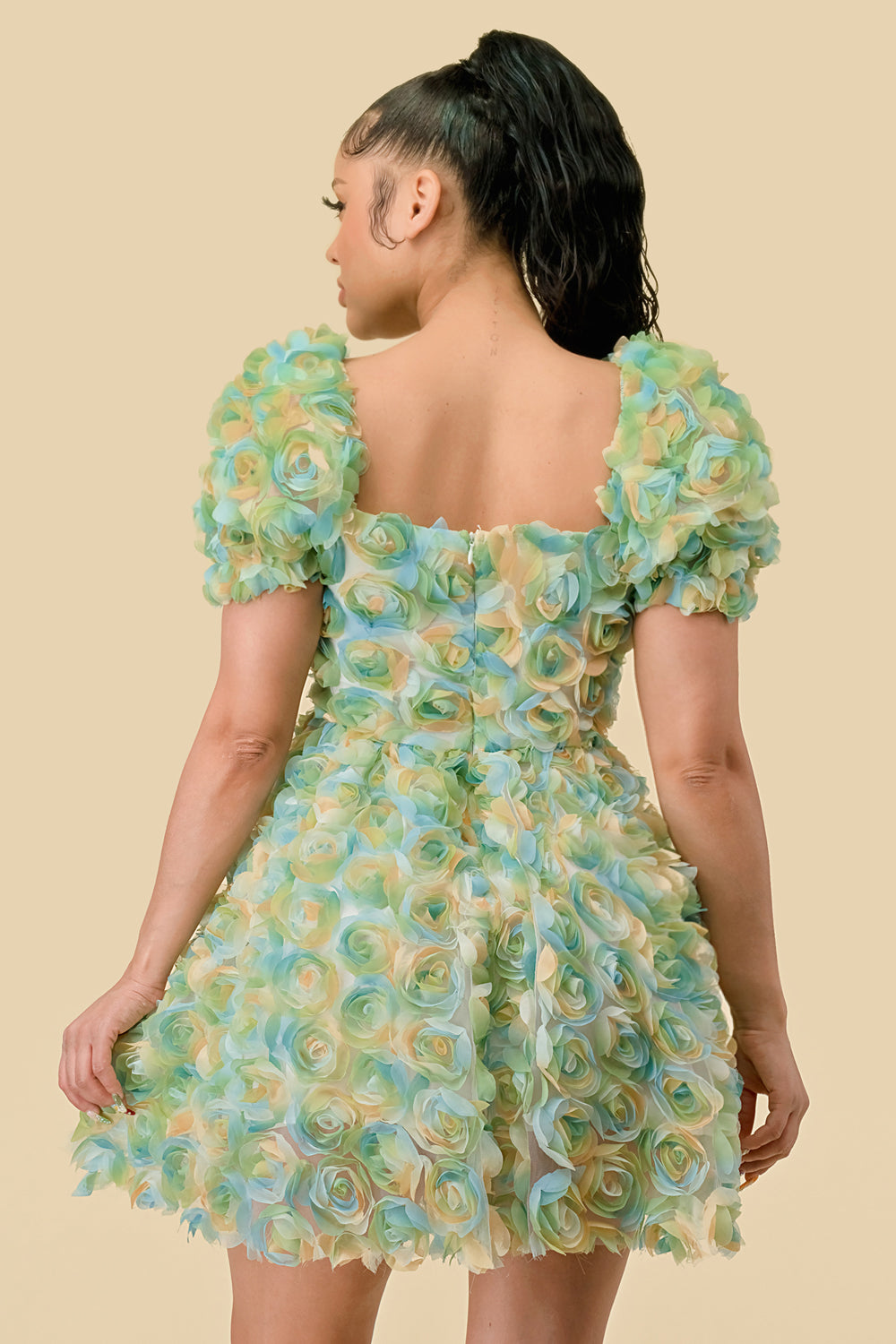 Cocktail Dresses Short Puff Sleeve Chiffon 3D Flower Mini Dress Green Combo