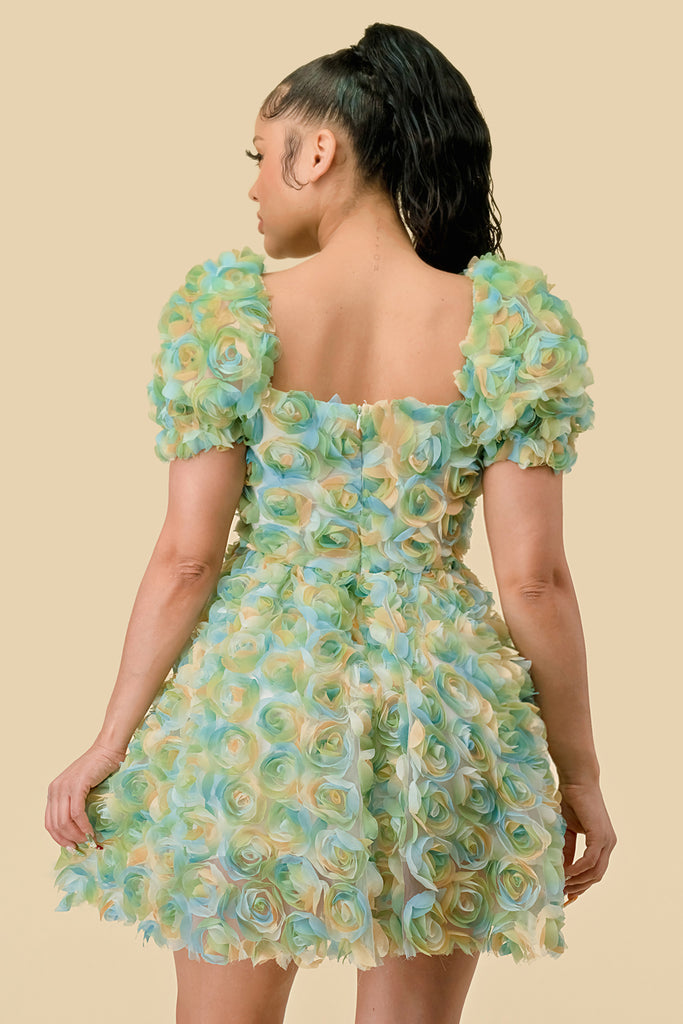 Elegant Square Neck Puff Sleeve 3D Flower Mini Dress main image 1