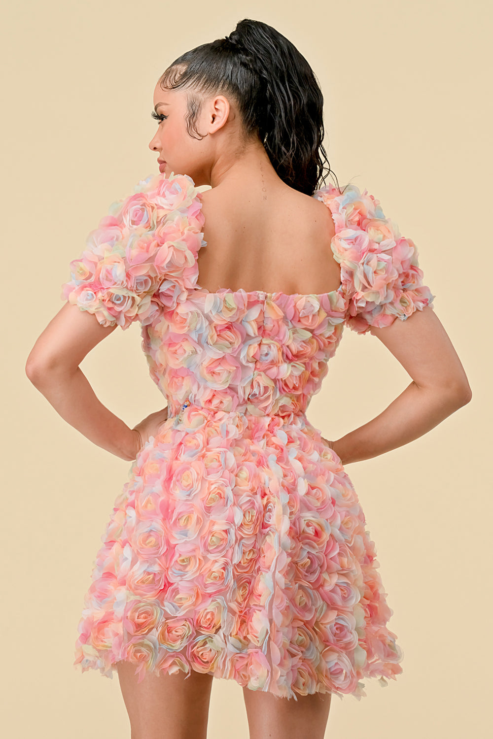 Cocktail Dresses Short Puff Sleeve Chiffon 3D Flower Mini Dress Pink Combo