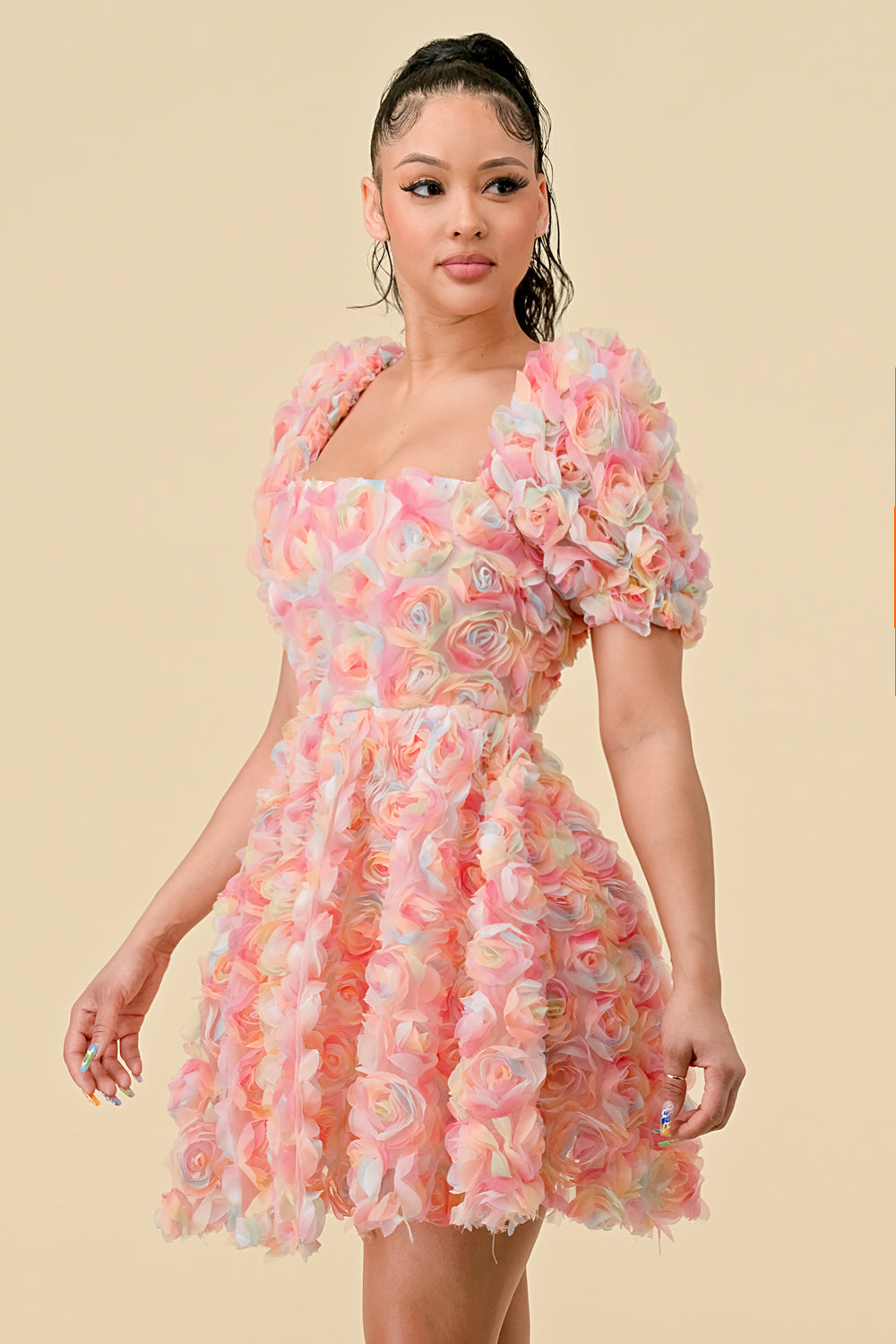Green Combo Short Puff Sleeve Chiffon 3D Flower Mini Dress for $76.99