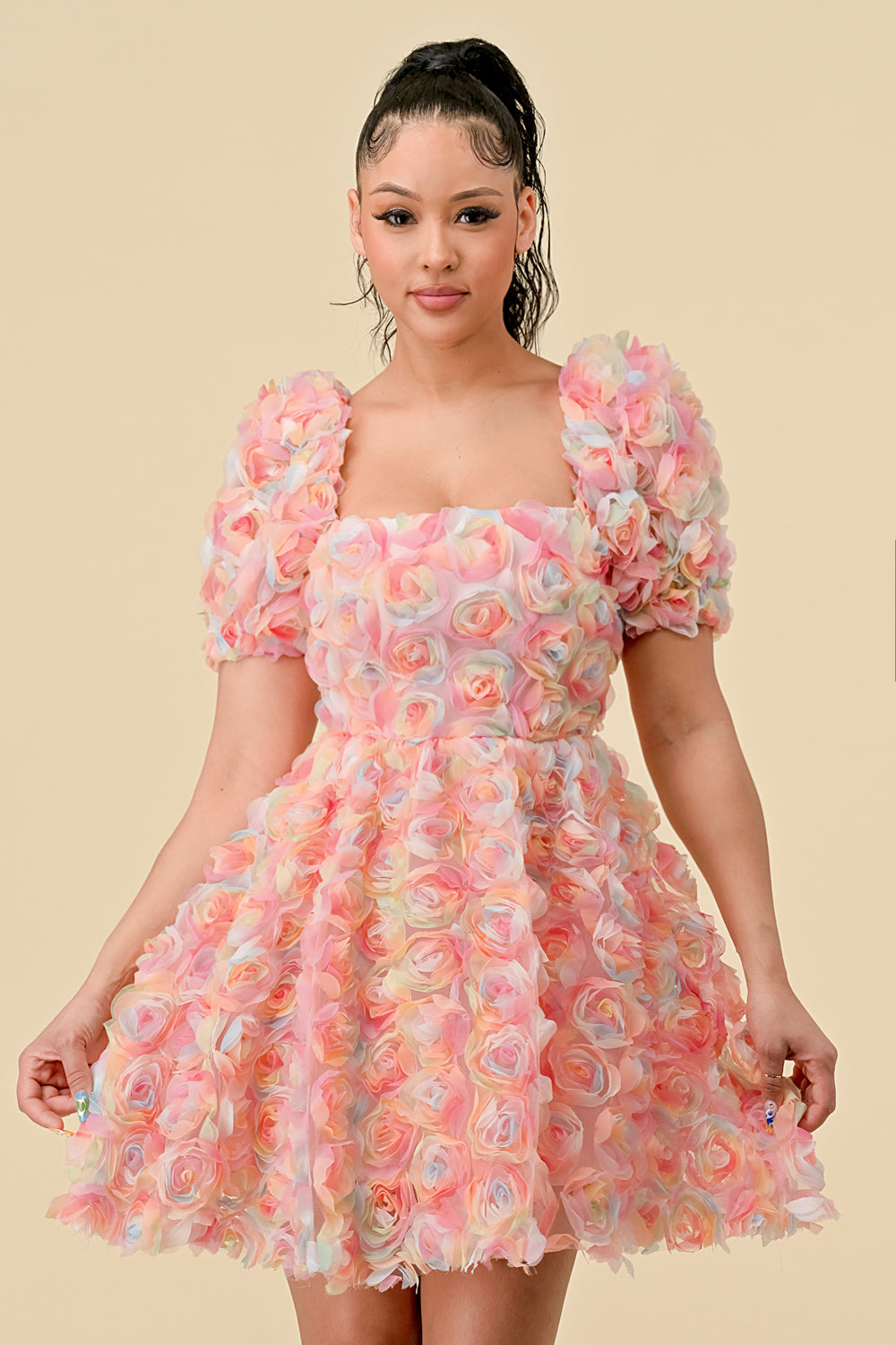 Cocktail Dresses Short Puff Sleeve Chiffon 3D Flower Mini Dress Pink Combo