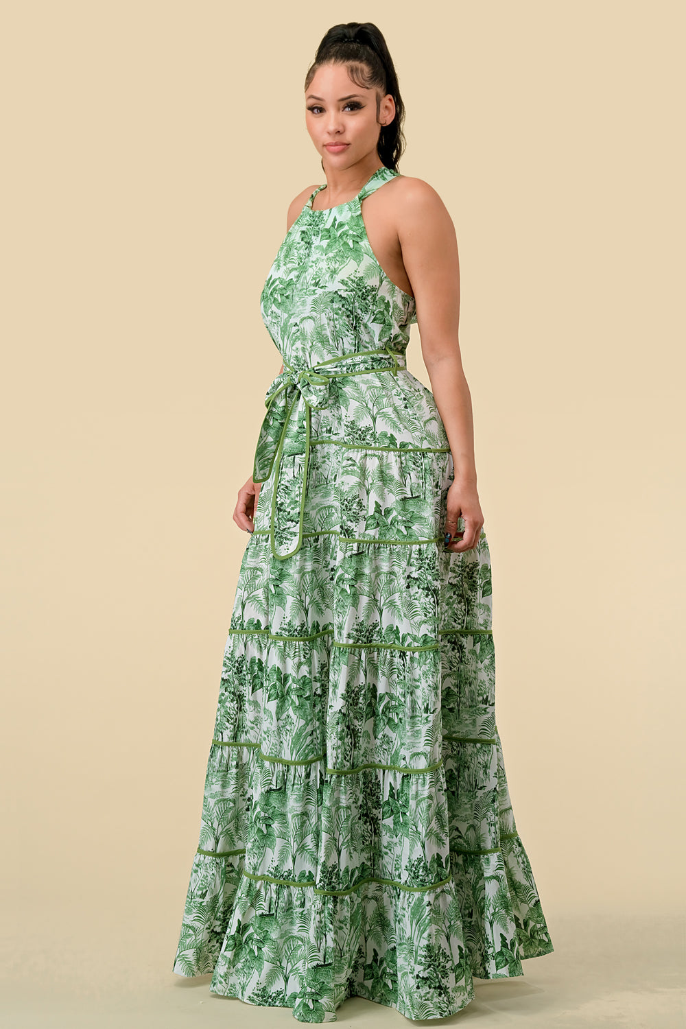 Dark Green Tropical Maxi Dress Blue Combo Long Halter Tiered Printed Maxi  Dress Formal Dresses  The Dress Outlet  Page