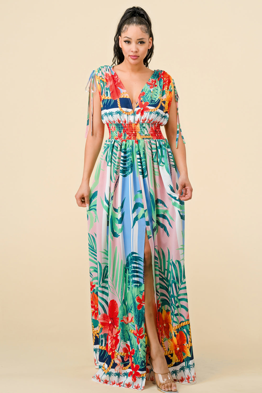 Pink Combo Long Cap Sleeve Tropical Print Maxi Dress for $67.99 – The ...