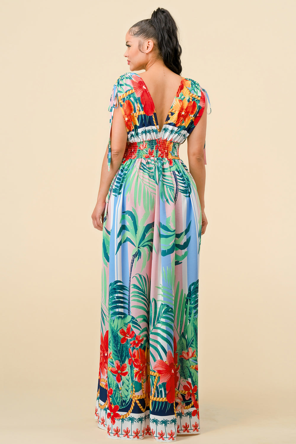 Pink Combo Long Cap Sleeve Tropical Print Maxi Dress for $67.99 – The ...