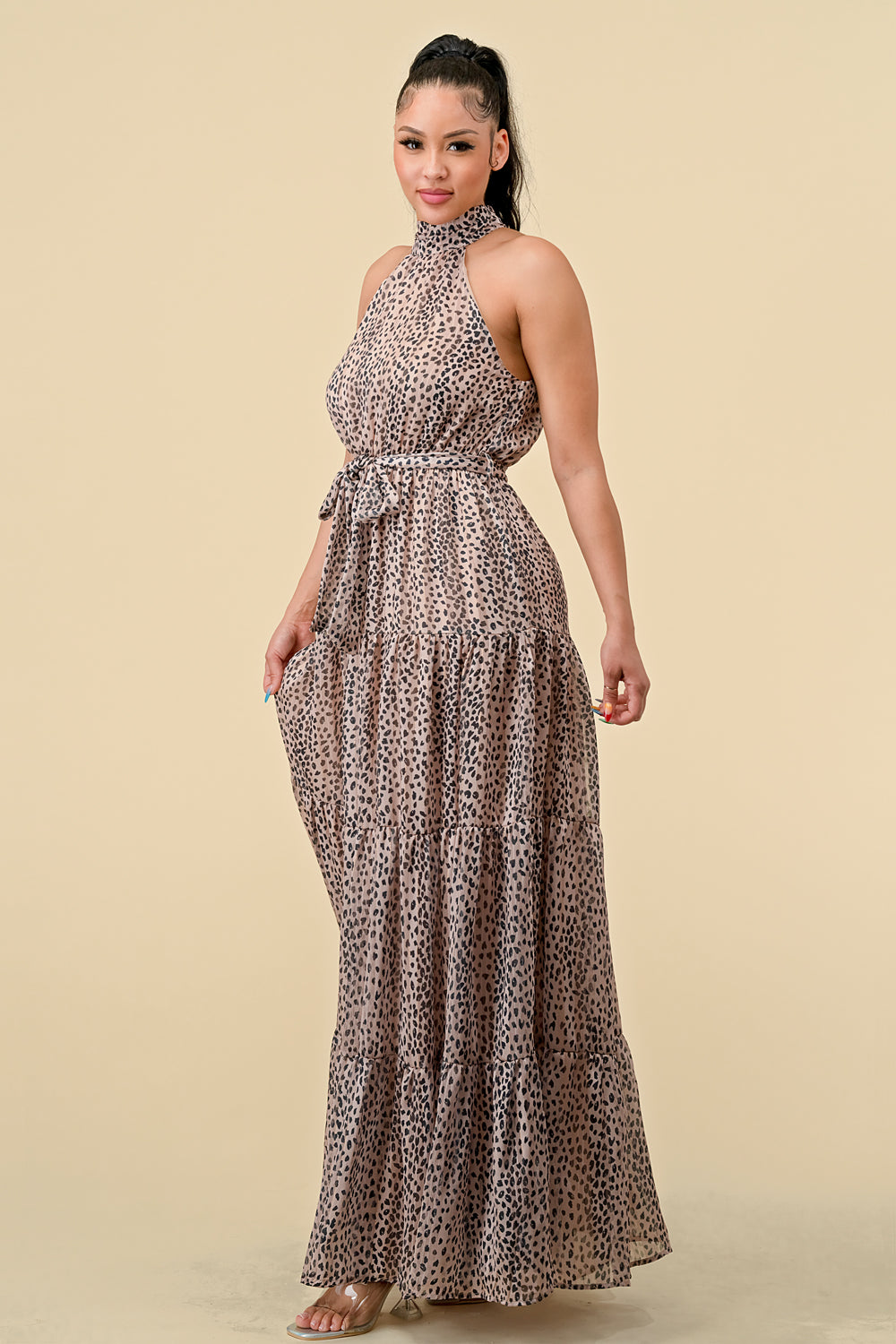 Long Halter Animal Print Tiered Maxi Dress