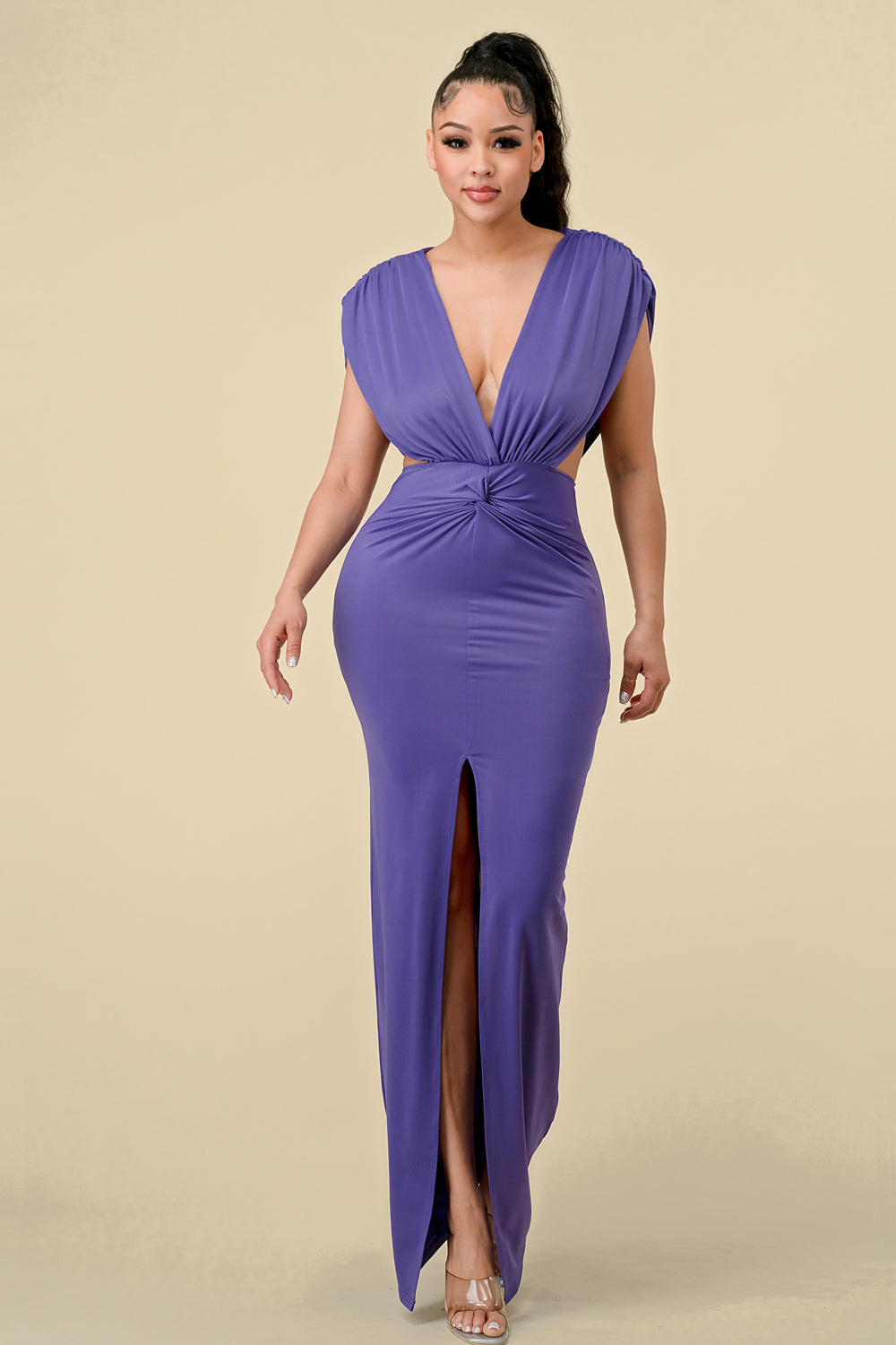Formal Dresses Long V Neck Waist Twisted Dress Purple