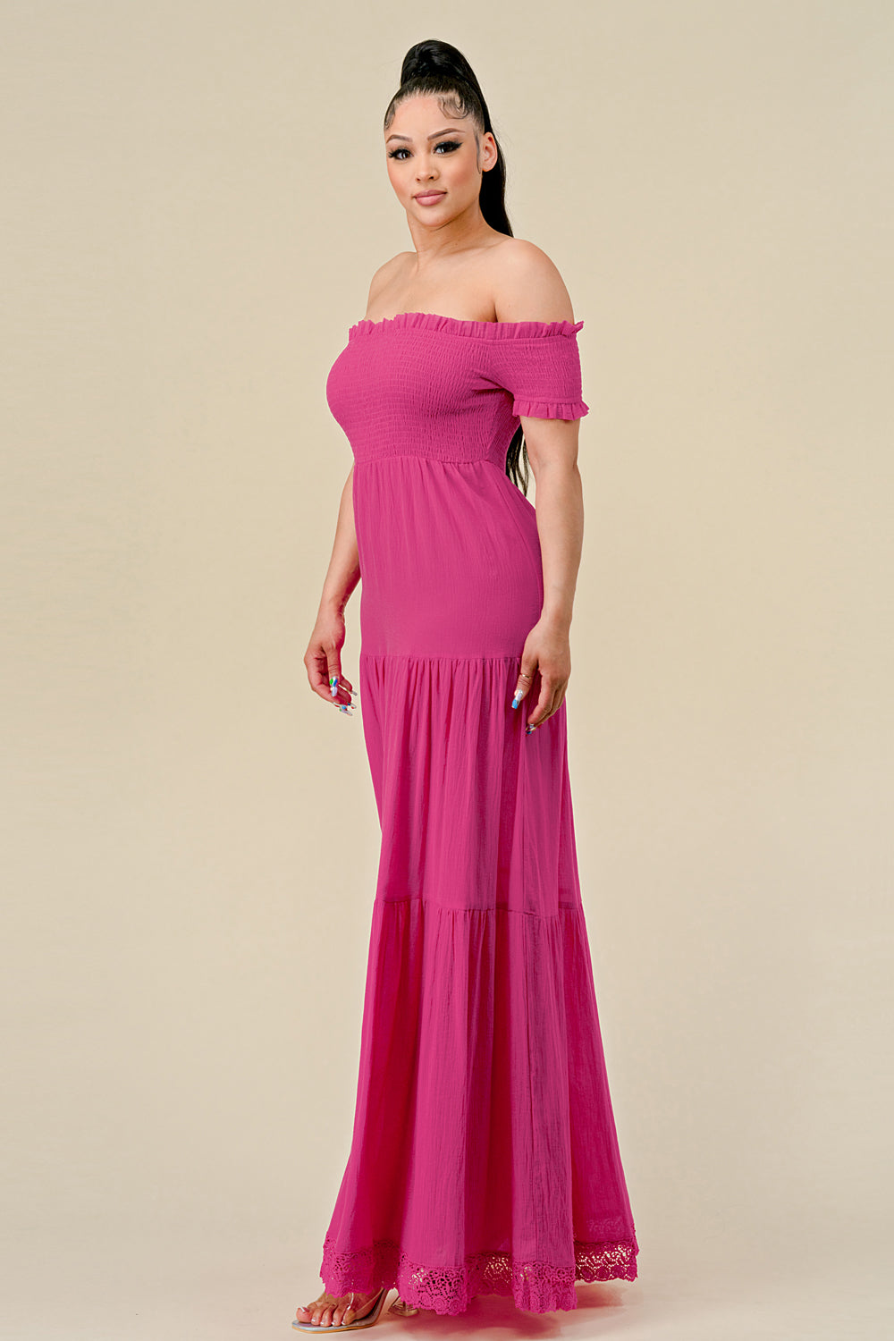 Burgundy Off-Shoulder Ruched Maxi Dress