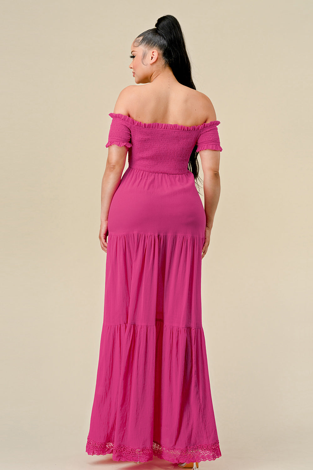 Elegant Beige Off Shoulder Ruched Bodice Maxi Dress
