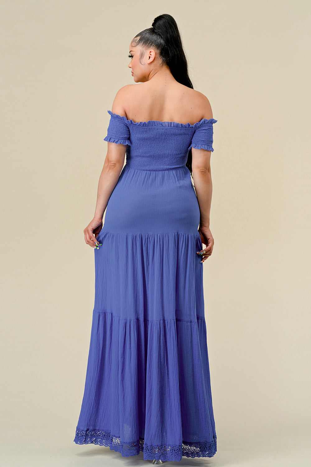 Off-Shoulder Ruched Bodice A-Line Maxi Dress Taupe