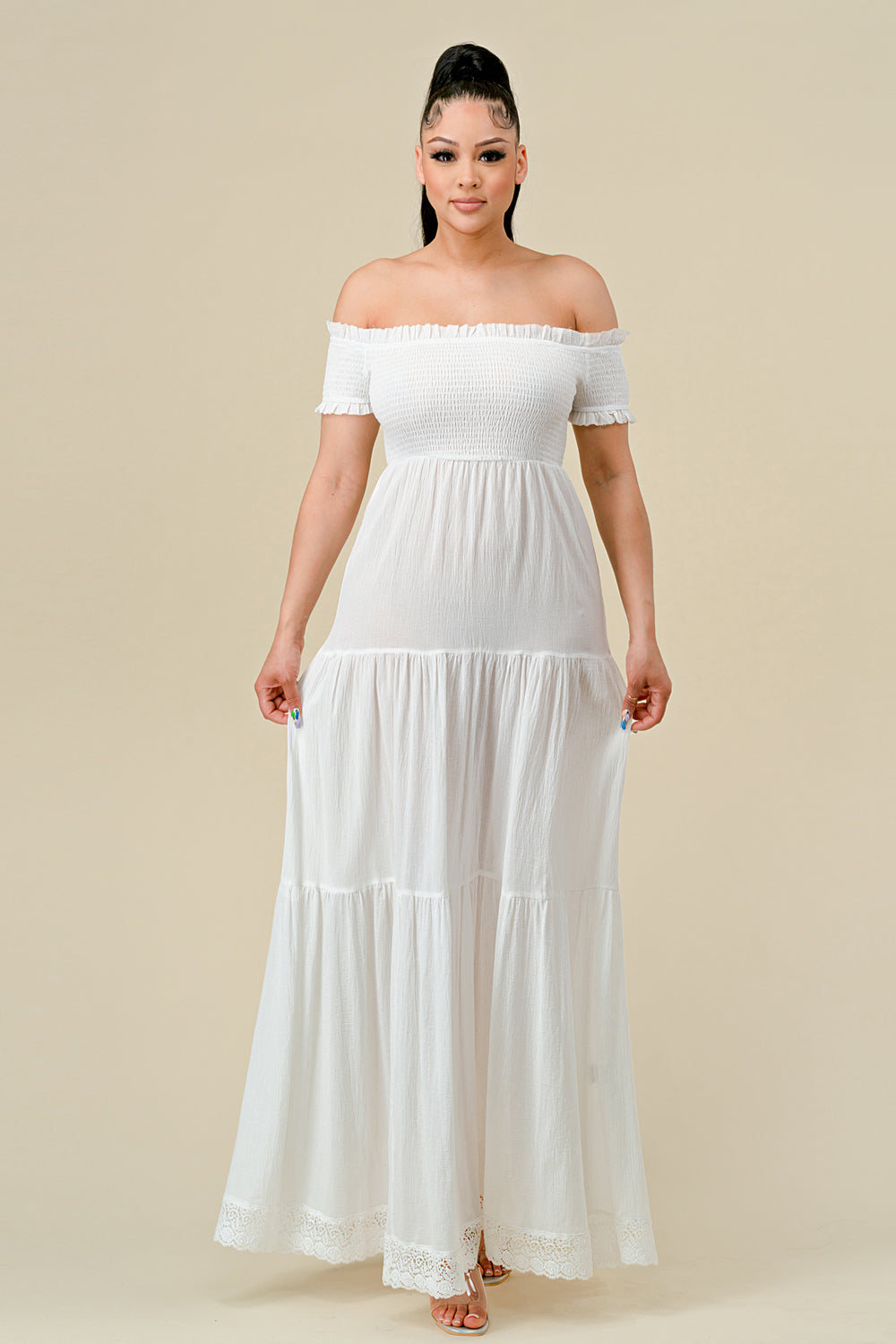 Elegant Beauty Ruched Off Shoulder Long Sleeve Drape Maxi Dress