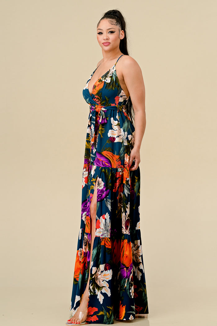 Formal Dresses Long Floral Printed Maxi Dress Teal Combo
