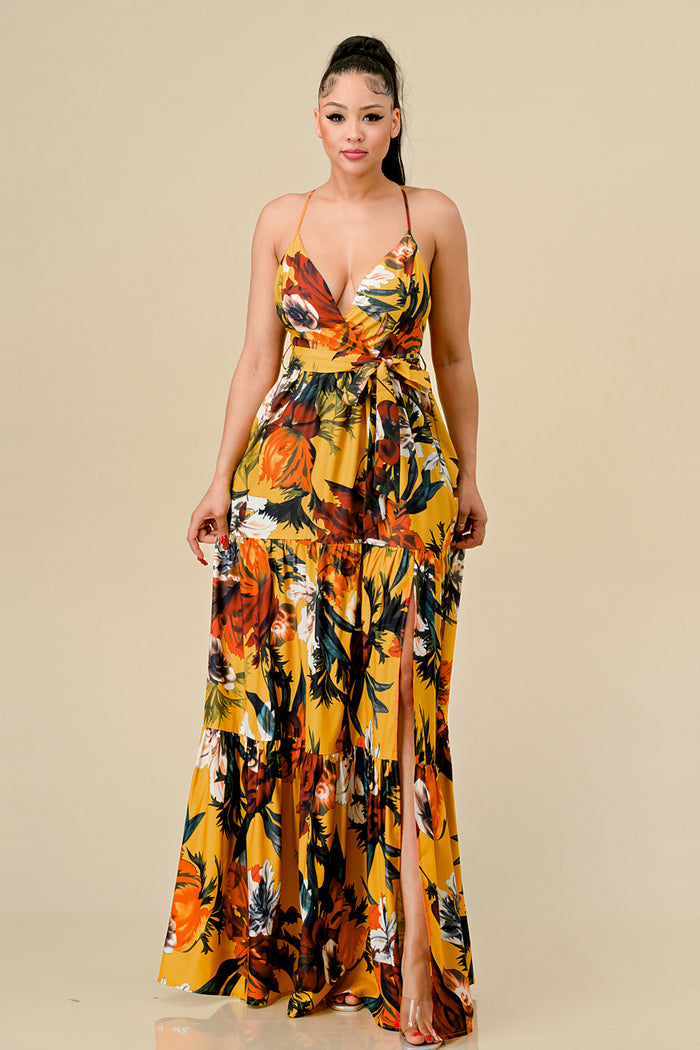 Formal Dresses Long Floral Printed Maxi Dress Mustard Combo