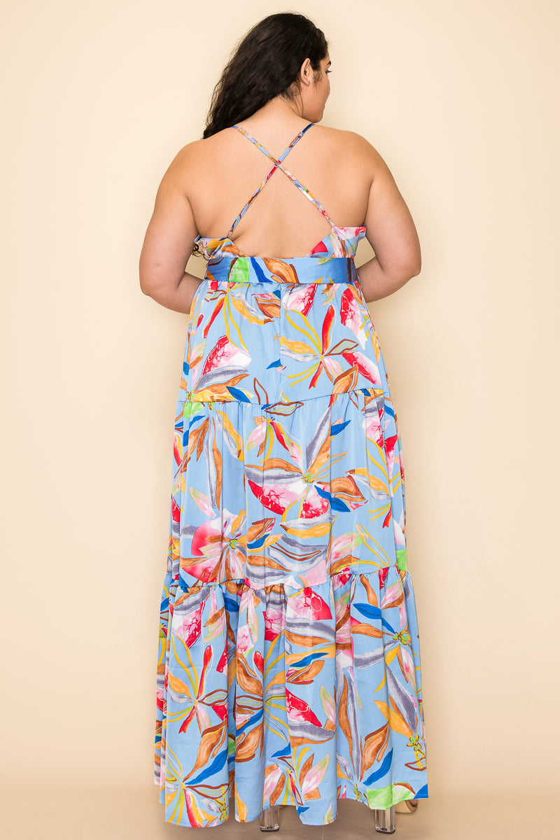 Blue Combo Long Plus Size Floral Print Maxi Dress