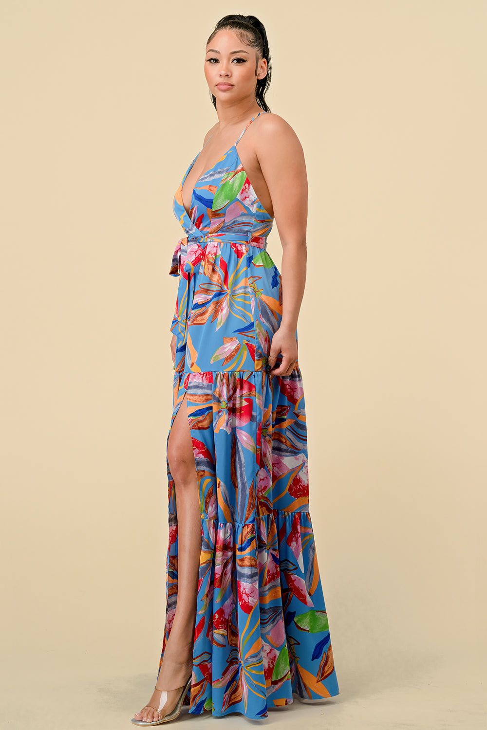 Blue Combo Long Floral Printed Maxi Dress