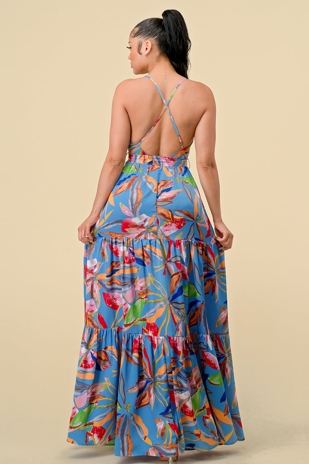 Blue Combo Long Floral Printed Maxi Dress