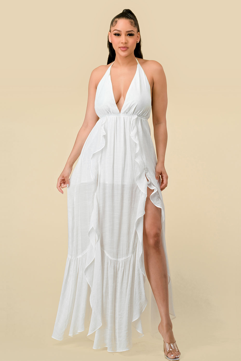 Bowed Flat Strap Dress Maxi with Front Slit Tangerine