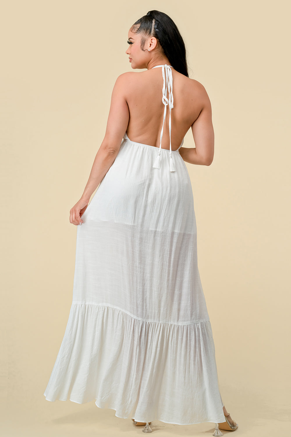 Long Halter Ruffled Slit Maxi Dress