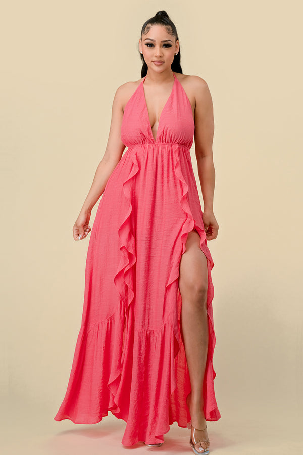 Orange Long Halter Ruffled Slit Maxi Dress for $59.99 – The Dress Outlet