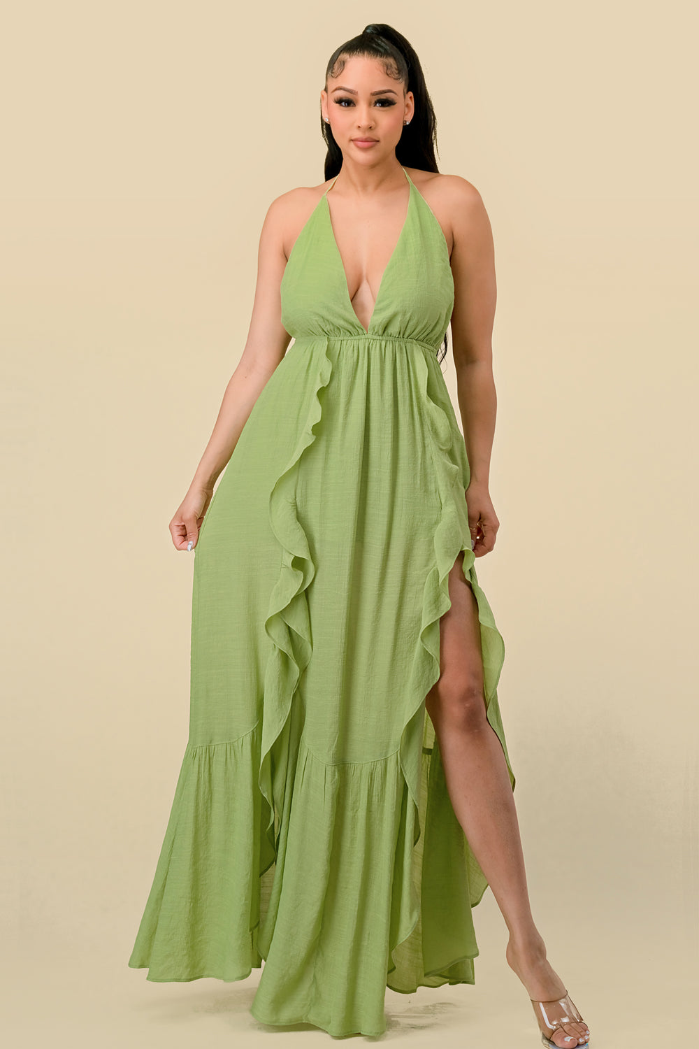Halter Sheath Sleeveless Elegant Maxi Dresses with Slit Orchid