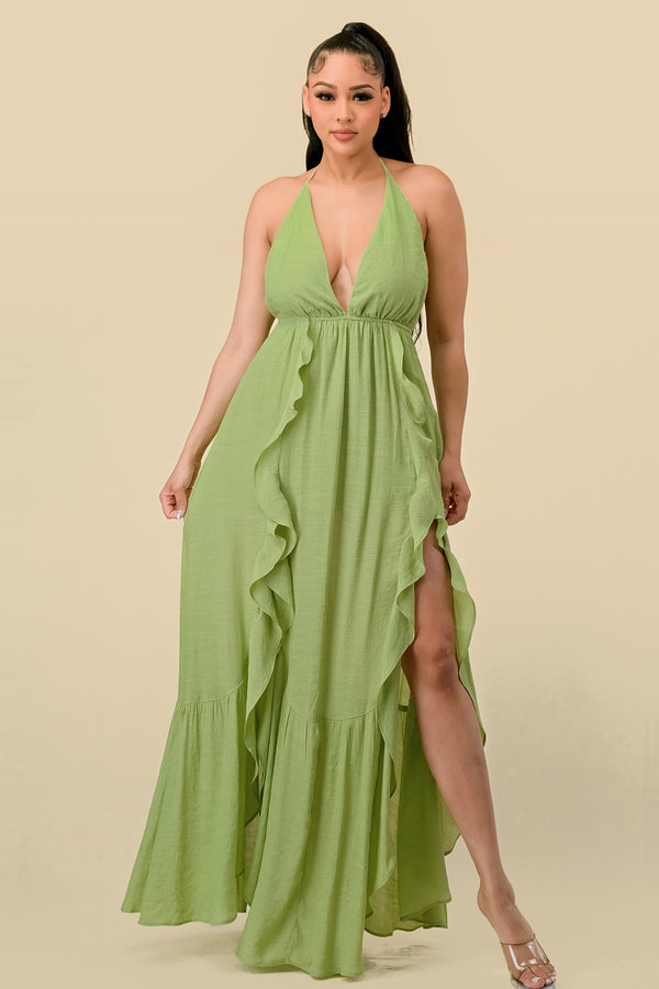 Blushing Blossom Strapless Ruffled Slit Maxi Dress