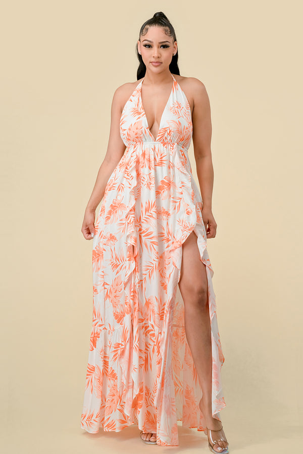 Orange Long Halter Ruffled Slit Maxi Dress for $59.99 – The Dress Outlet