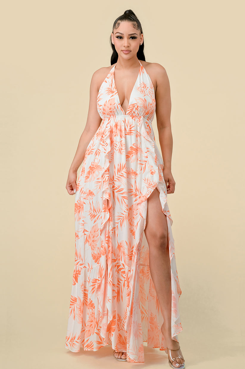The Main Attraction Olive Green Ribbed Casual Halter Cut-Out Thigh Slit Maxi Dress