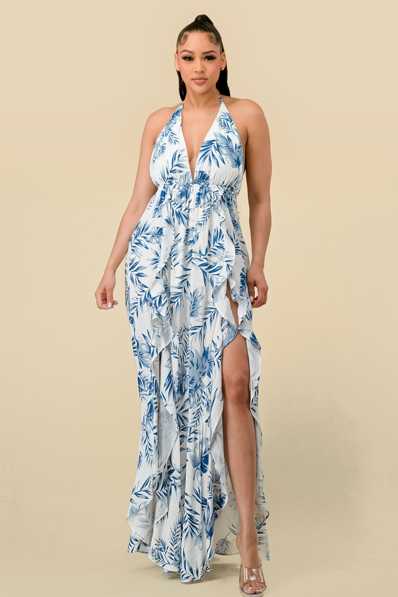 Chiffon A-line Ruched Halter Maxi Dresses with Slit Steel Grey