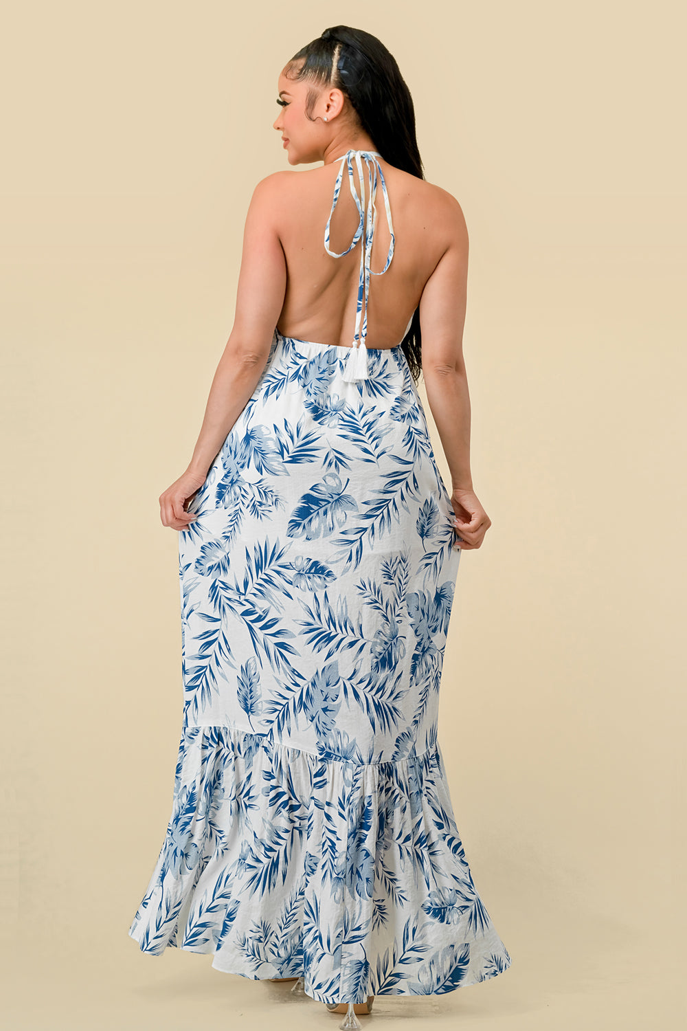 Ruched Halter Neck Slit Maxi Dress in Dusty Blue main image 1