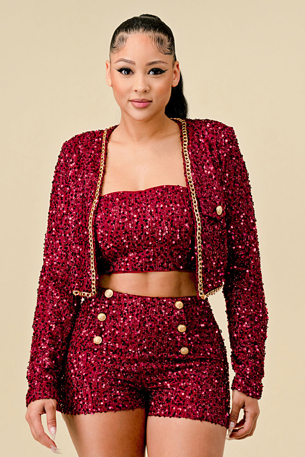 Glittery Sequined Jacket Crop Top Short Set