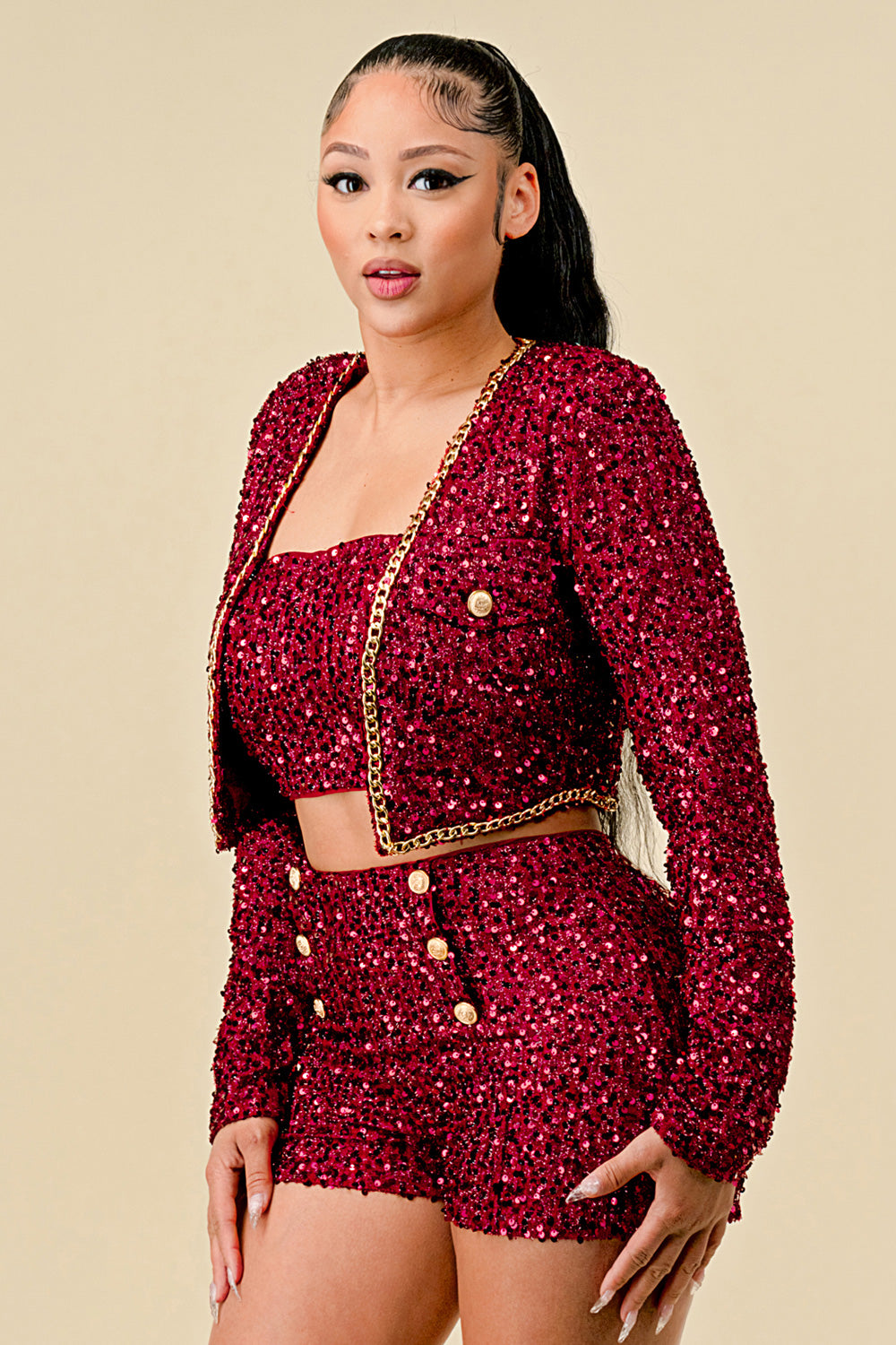 Glittery Sequined Jacket Crop Top Short Set