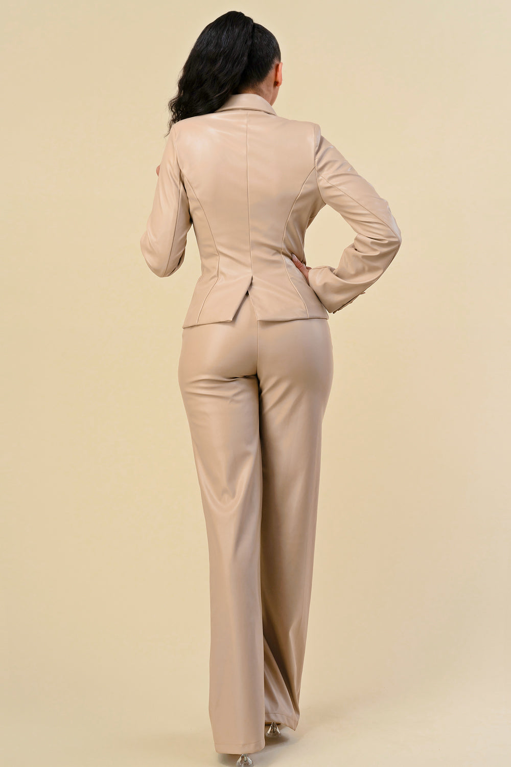 Pant Suit Long Sleeve Leather Jacket Pant Set Nude