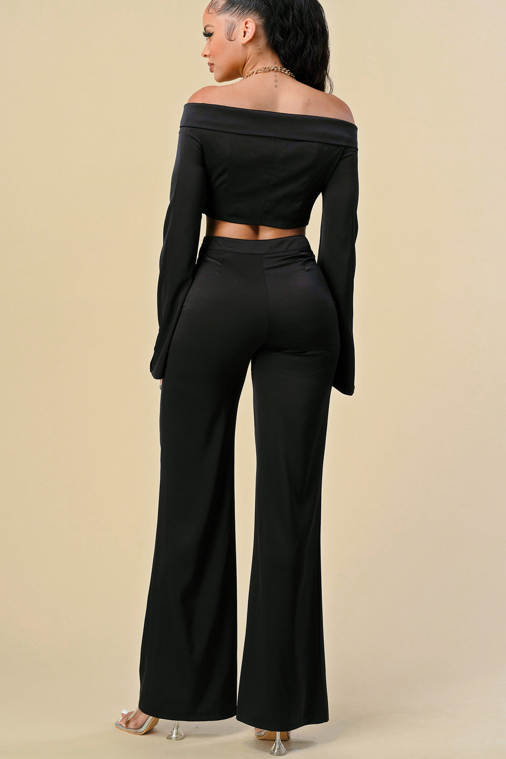 Off Shoulder Chain Halter Crop Jacket Pant Set