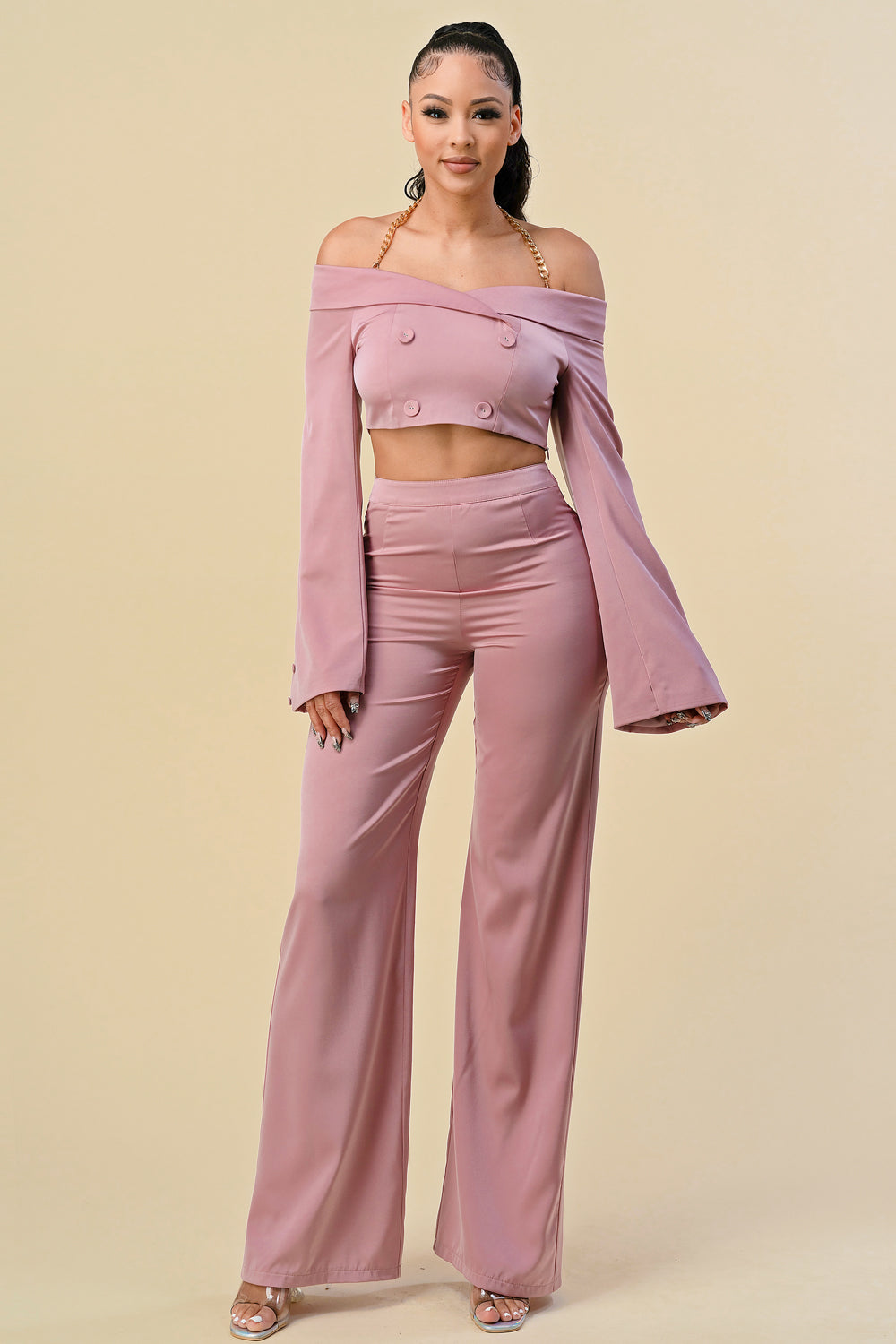 Off Shoulder Chain Halter Crop Jacket Pant Set