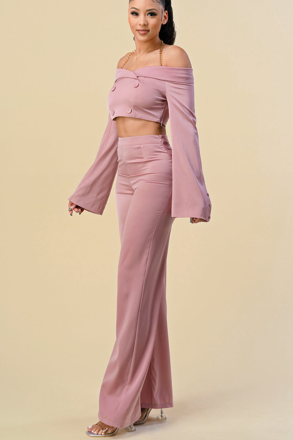 Off Shoulder Chain Halter Crop Jacket Pant Set