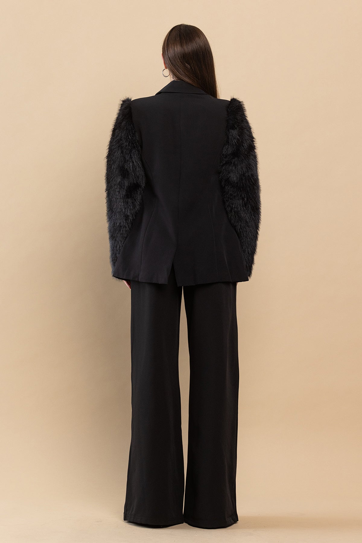 Pant Suit Faux Fur Sleeves Blazer Pant Set Black