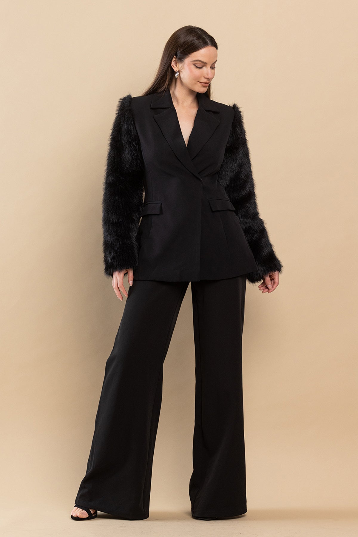 Pant Suit Faux Fur Sleeves Blazer Pant Set Black