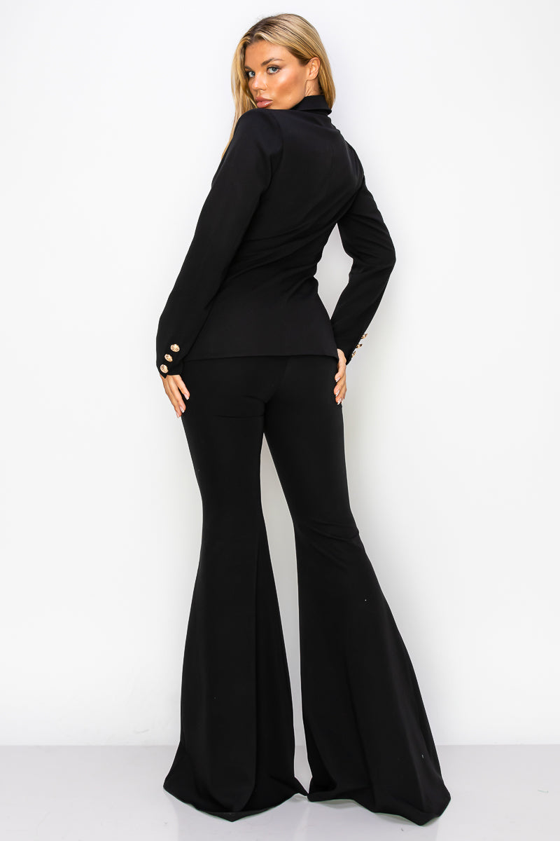 Pant Suit Long Sleeve Flare Blazer Pant Set Black