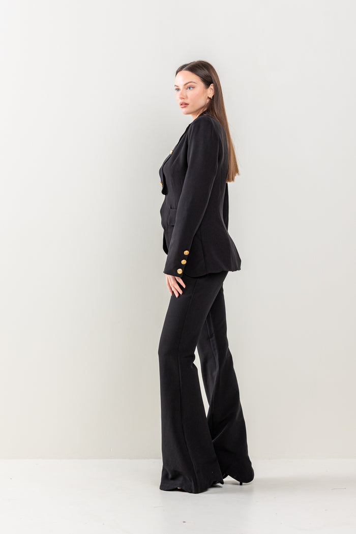 Pant Suit Long Sleeve Button Detail Jacket Pant Set Black