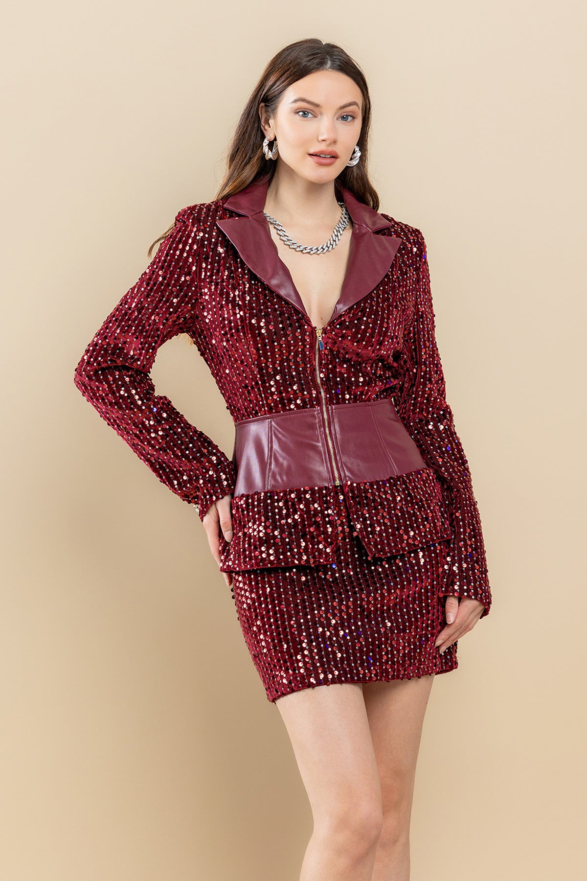 Cocktail Dresses Sequin Zip Up Long Sleeve Jacket Shirt Set Burgundy