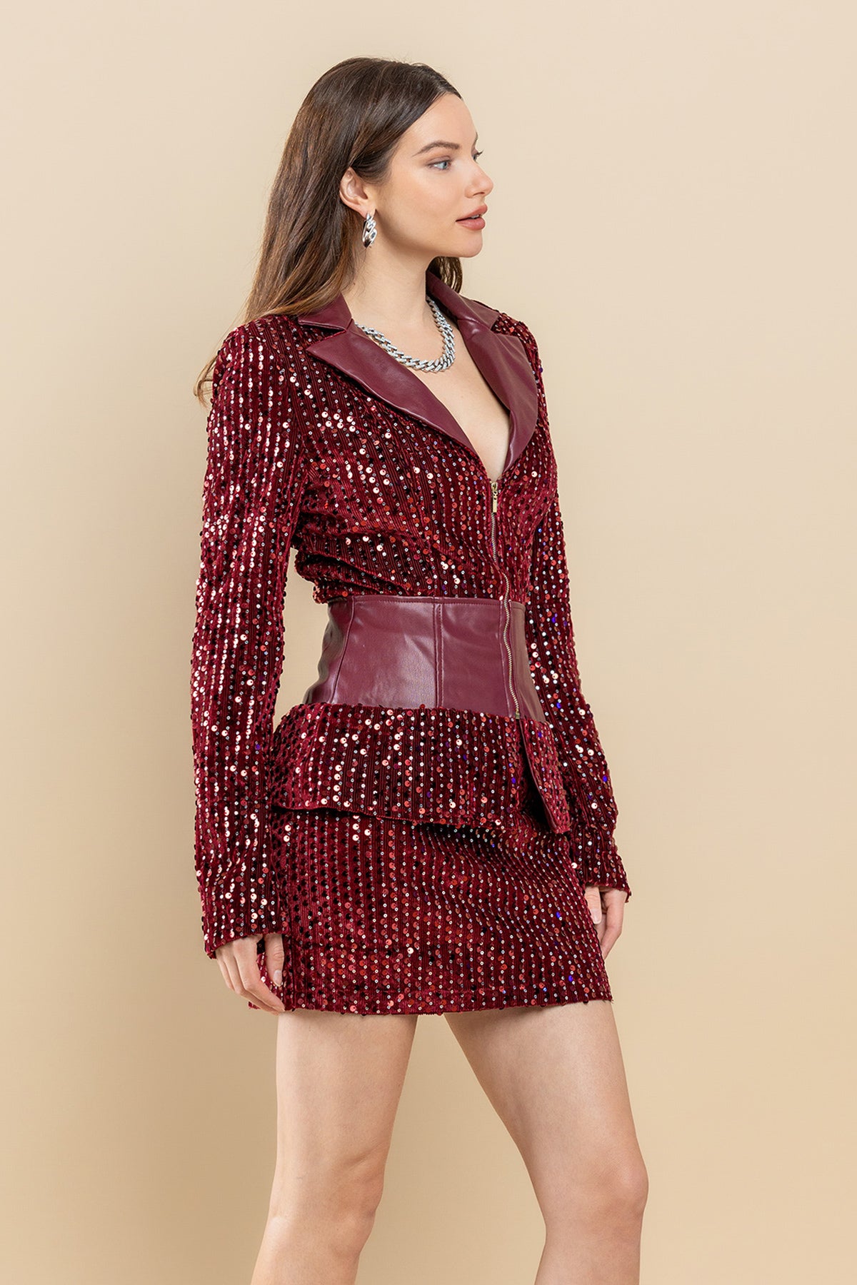 Sequin Zip Up Long Sleeve Jacket Shirt Set